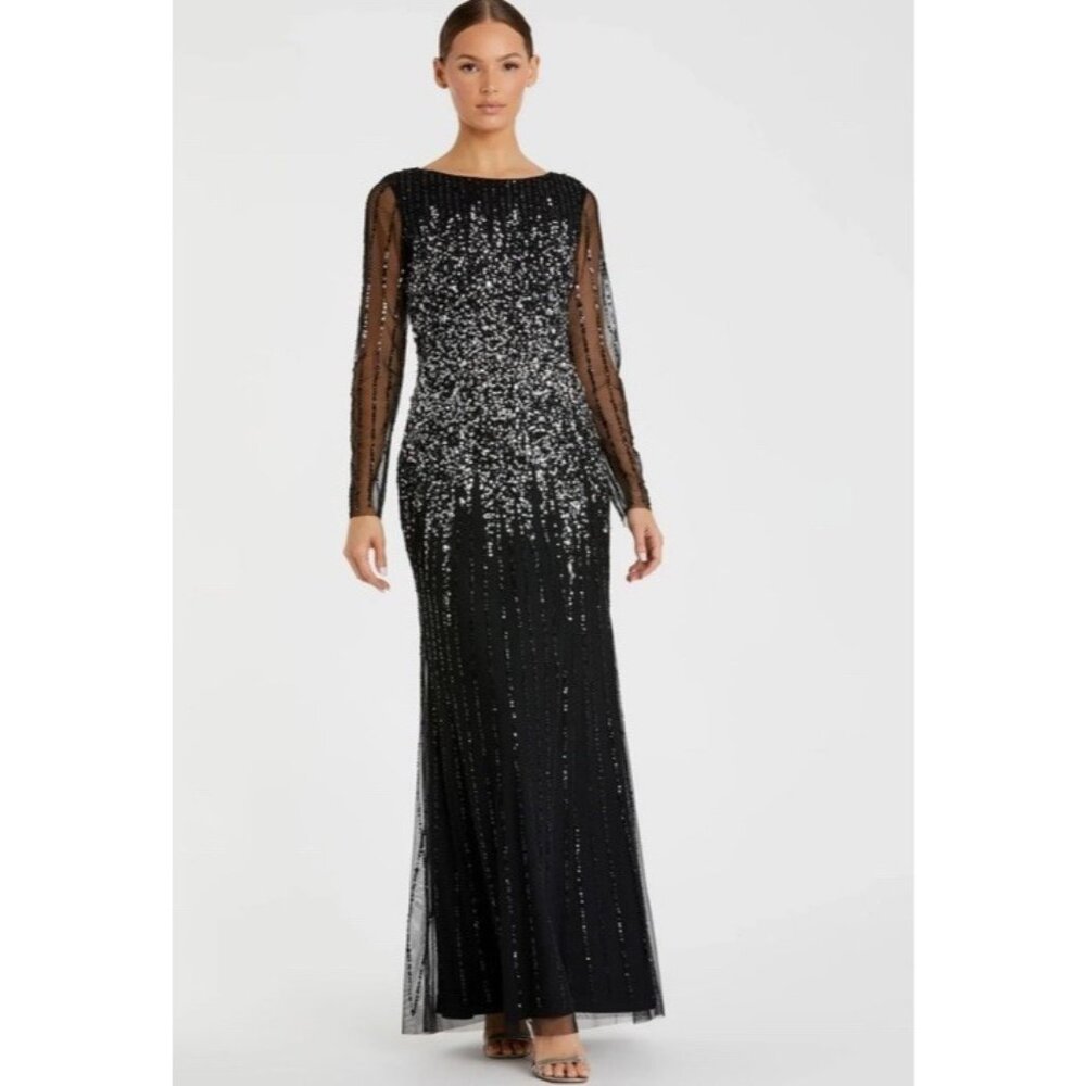 Mac Duggal Black and Silver Ombre Sequin Maxi Gown